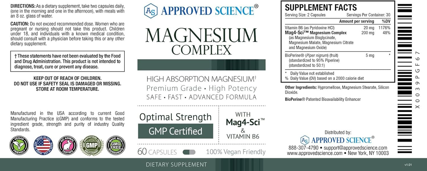 High Absorption Magnesium Complex Capsules - Bisglycinate, Malate, Citrate, Oxide - Heart Health, Headache Relief, Energy Boost - 1 Month Supply - Non-GMO, Vegan - Approved Science