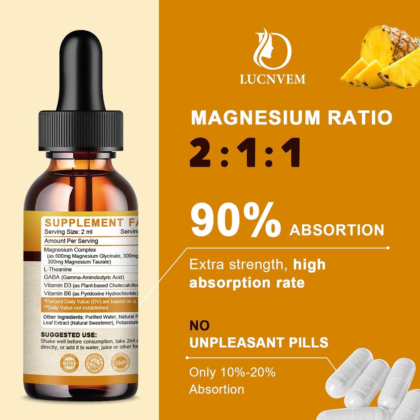 High Absorption Magnesium Complex Drops with GABA, L-theanine, D3, B6 - 1200mg Liquid Pineapple 2oz - Calm, Sleep, Relax