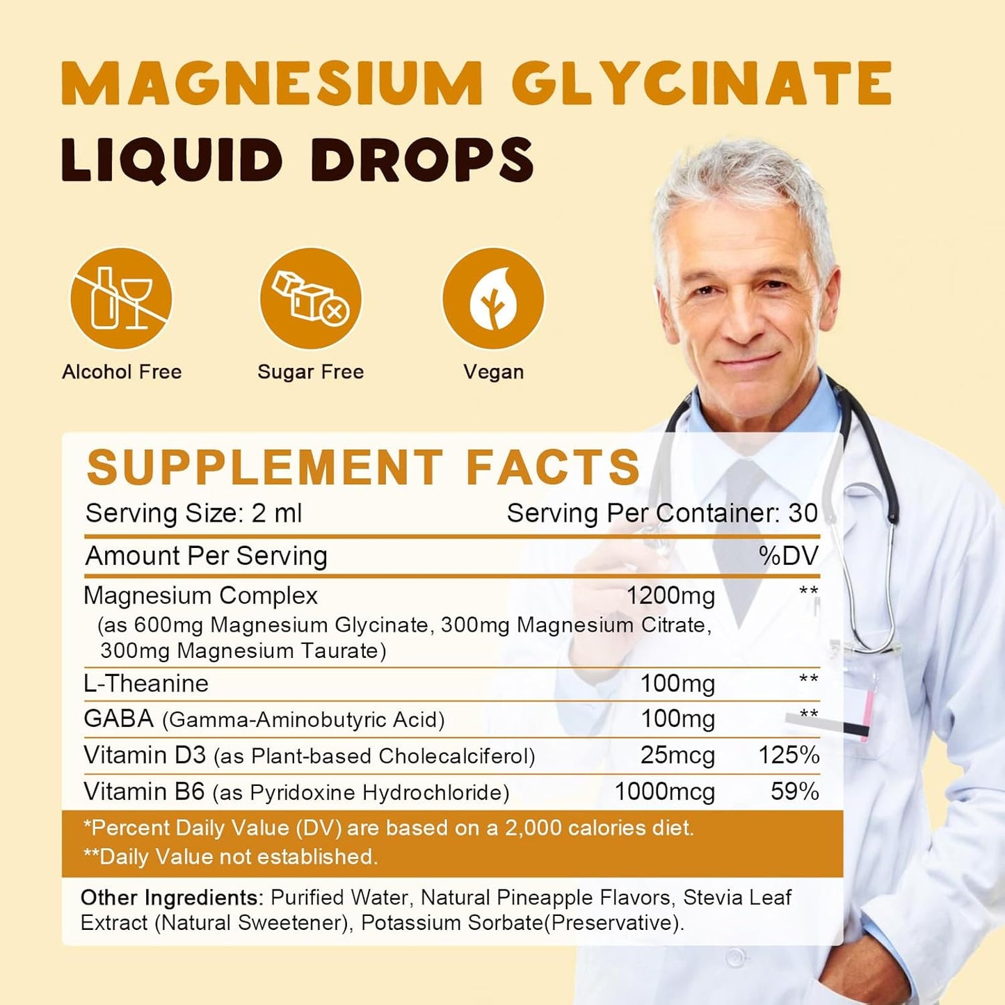 High Absorption Magnesium Complex Drops with GABA, L-theanine, D3, B6 - 1200mg Liquid Pineapple 2oz - Calm, Sleep, Relax