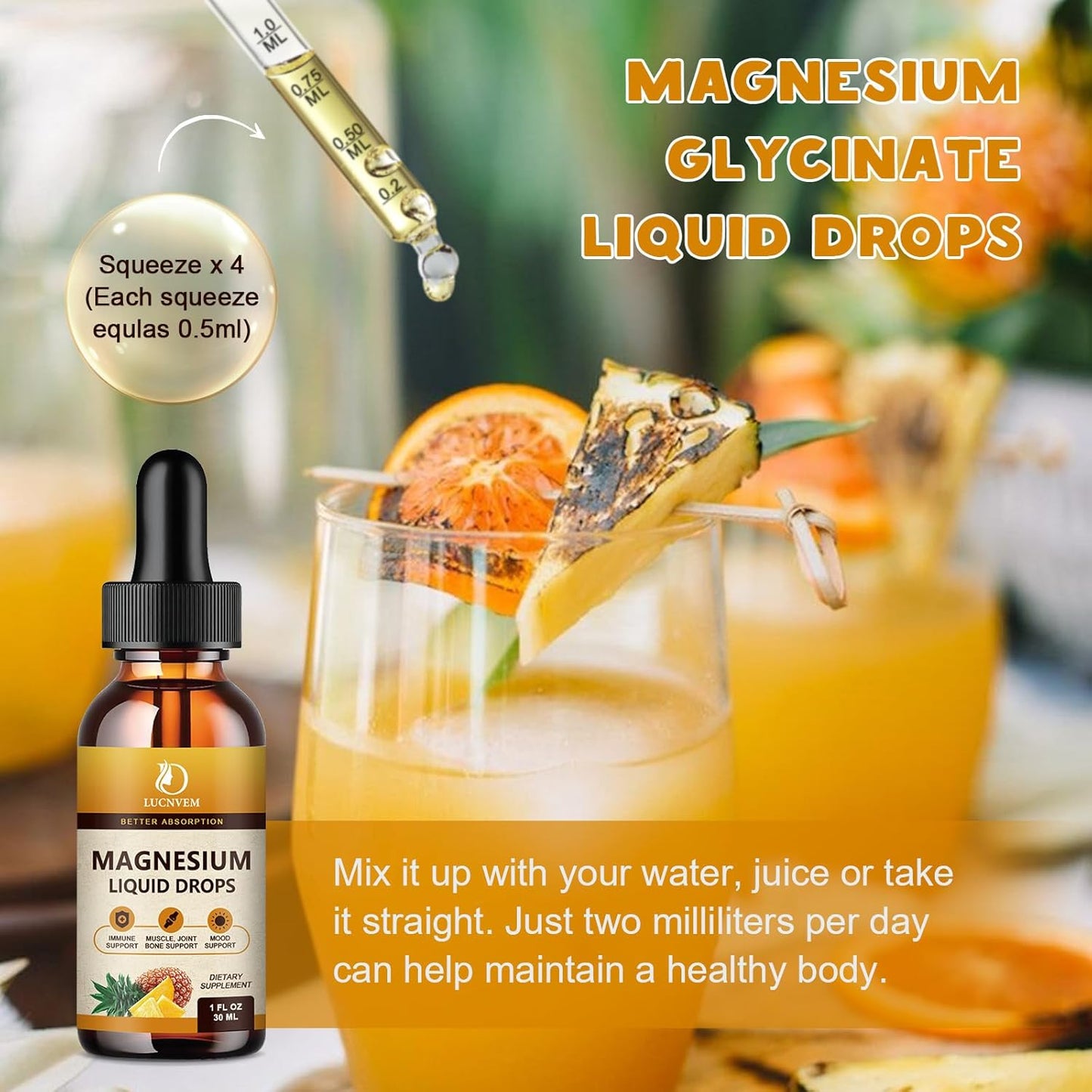 High Absorption Magnesium Complex Drops with GABA, L-theanine, D3, B6 - 1200mg Liquid Pineapple 2oz - Calm, Sleep, Relax