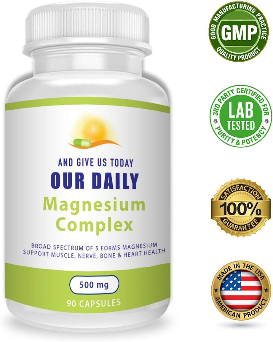 High Absorption Magnesium Complex Supplement (500mg / 90 Capsules) - Blend of Aspartate, Oxide, Glycinate, Gluconate & Citrate - Non GMO Formula for Daily Use
