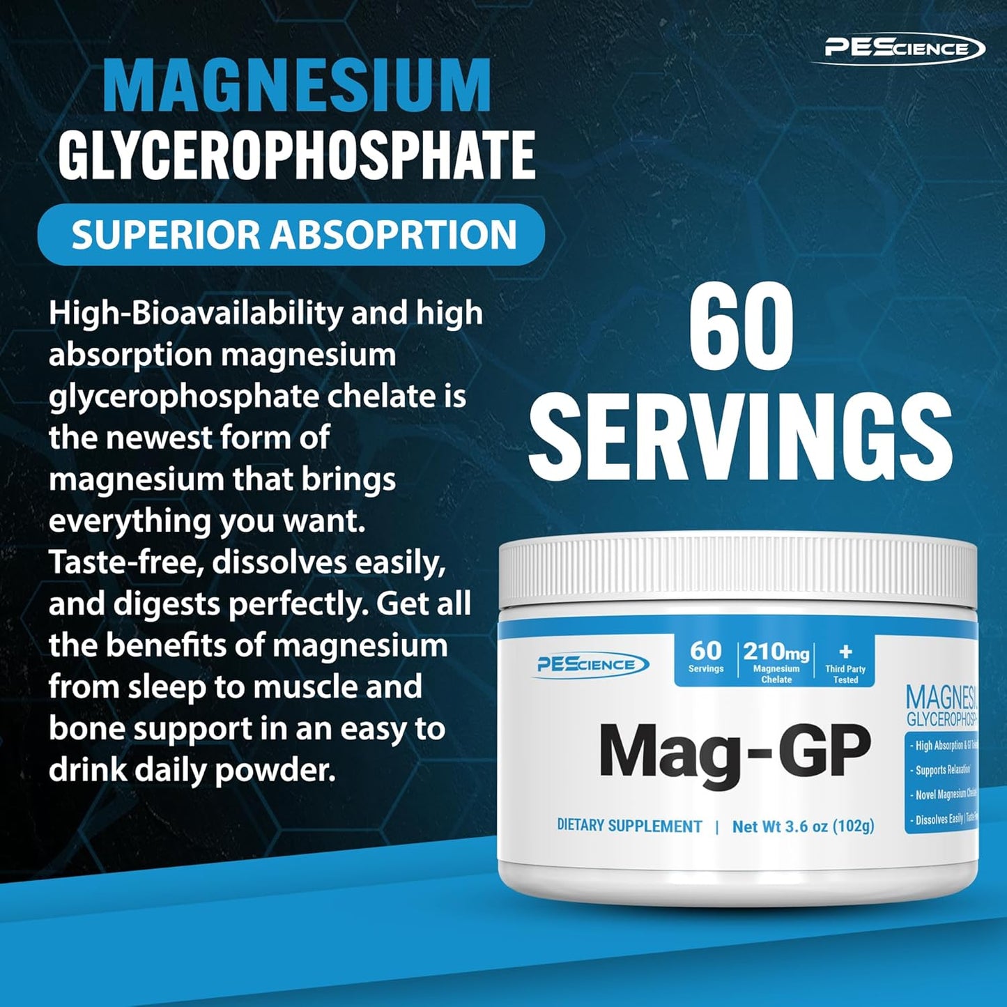 High Absorption Magnesium Glycerophosphate Chelate Supplement - 60 Servings for Improved Sleep, Stress Relief, and Cramp Support by PEScience