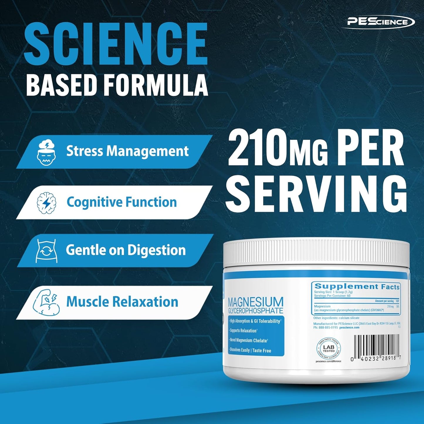 High Absorption Magnesium Glycerophosphate Chelate Supplement - 60 Servings for Improved Sleep, Stress Relief, and Cramp Support by PEScience
