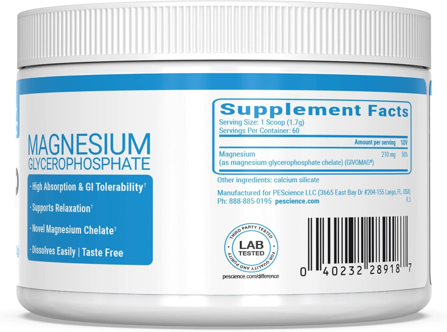 High Absorption Magnesium Glycerophosphate Chelate Supplement - 60 Servings for Improved Sleep, Stress Relief, and Cramp Support by PEScience