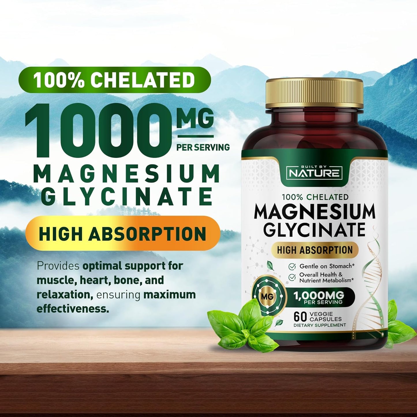 High Absorption Magnesium Glycinate 1000mg Supplement - Gentle on Stomach - Muscle, Heart, Bone Support - Non-GMO, Vegan - 60 Capsules