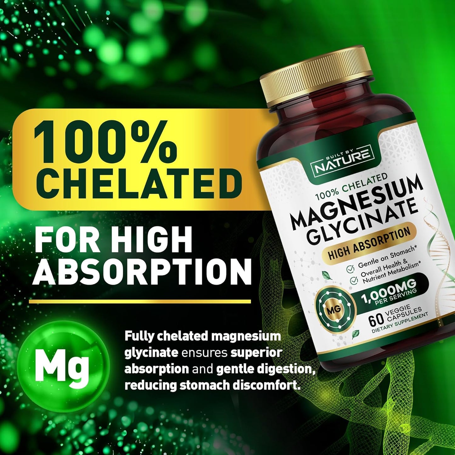 High Absorption Magnesium Glycinate 1000mg Supplement - Gentle on Stomach - Muscle, Heart, Bone Support - Non-GMO, Vegan - 60 Capsules