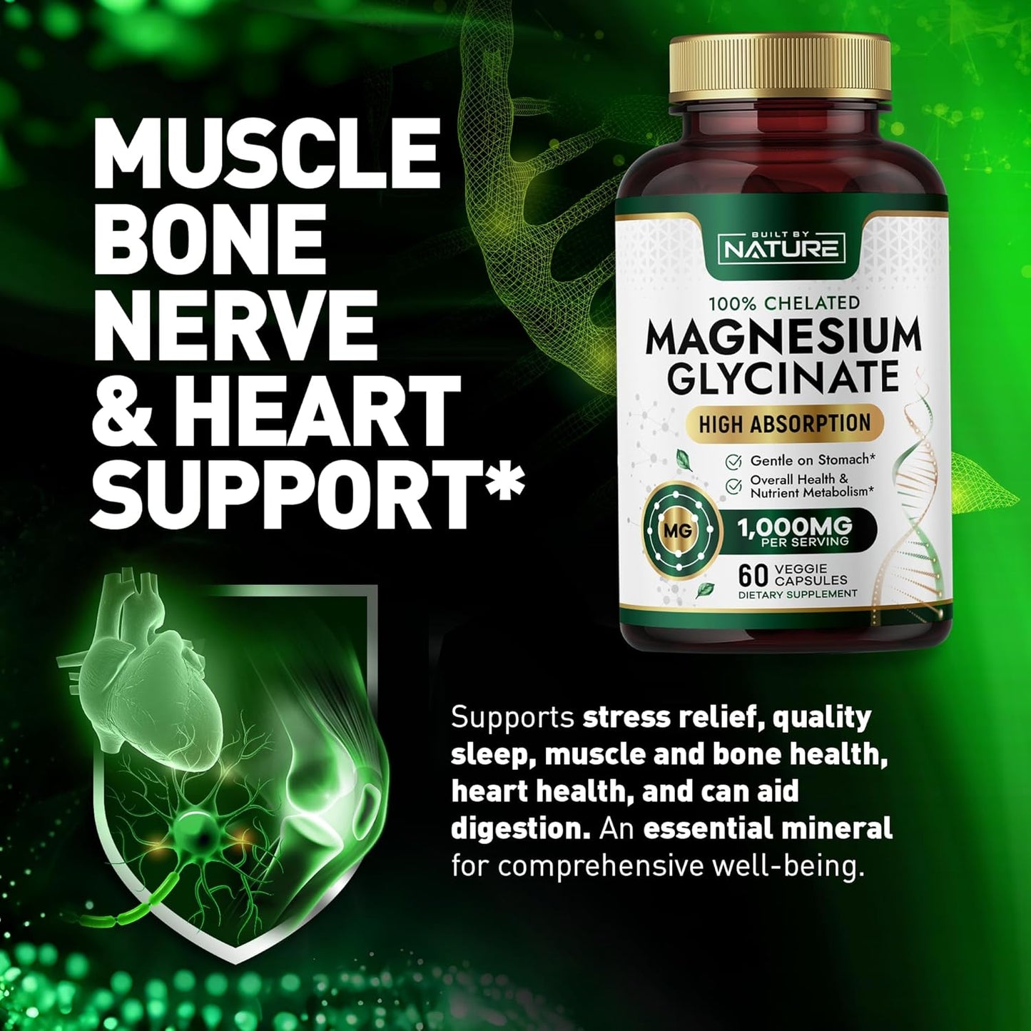 High Absorption Magnesium Glycinate 1000mg Supplement - Gentle on Stomach - Muscle, Heart, Bone Support - Non-GMO, Vegan - 60 Capsules