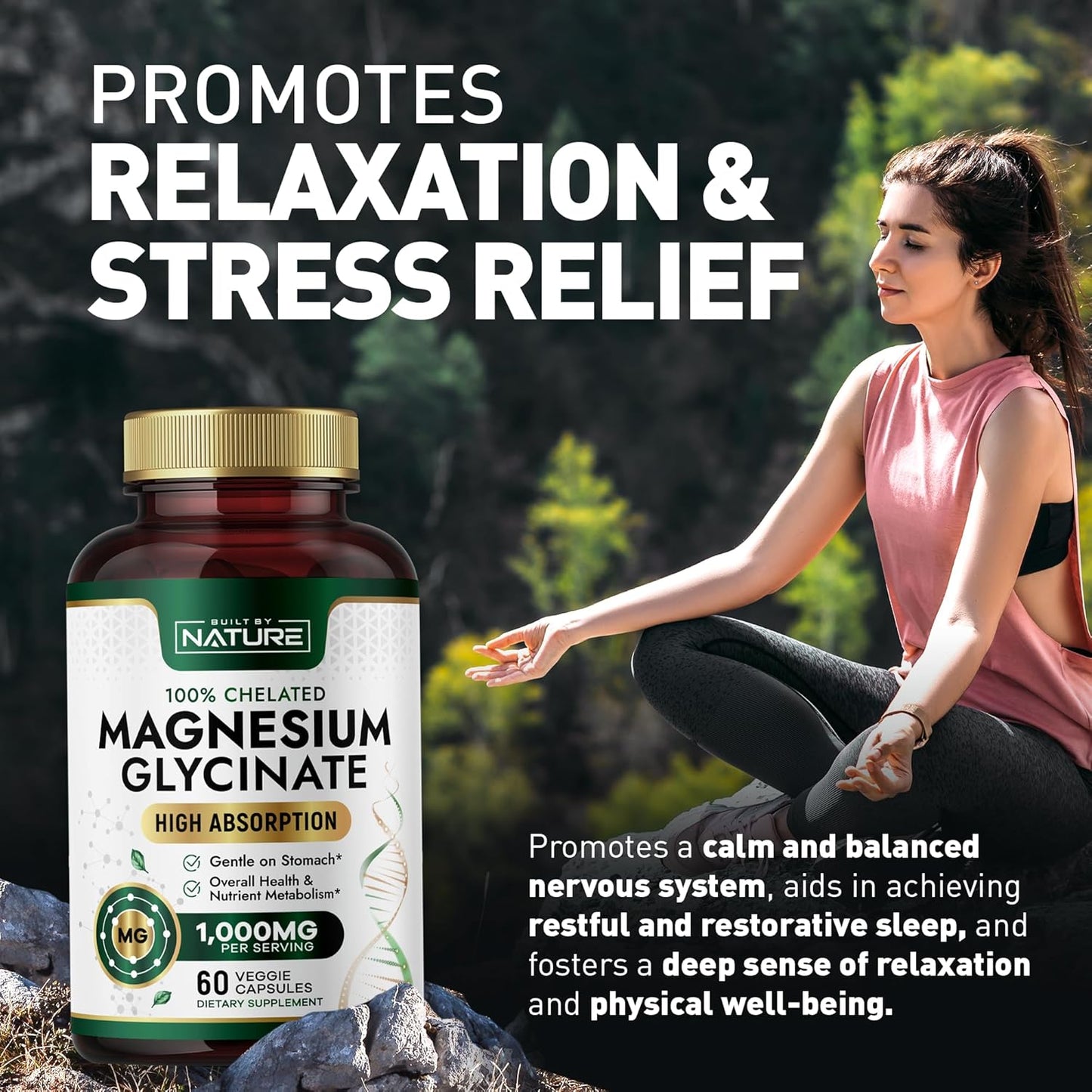 High Absorption Magnesium Glycinate 1000mg Supplement - Gentle on Stomach - Muscle, Heart, Bone Support - Non-GMO, Vegan - 60 Capsules