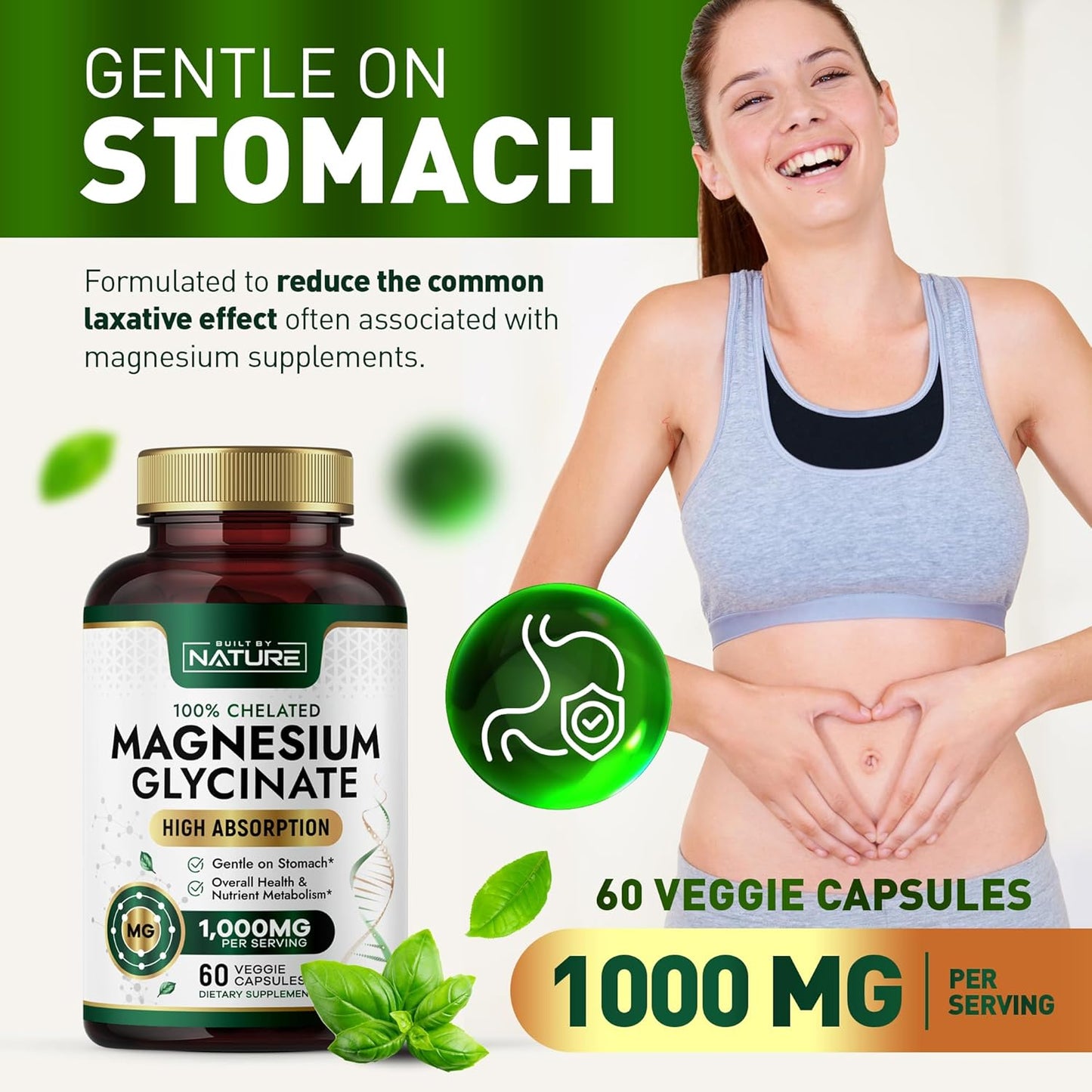 High Absorption Magnesium Glycinate 1000mg Supplement - Gentle on Stomach - Muscle, Heart, Bone Support - Non-GMO, Vegan - 60 Capsules