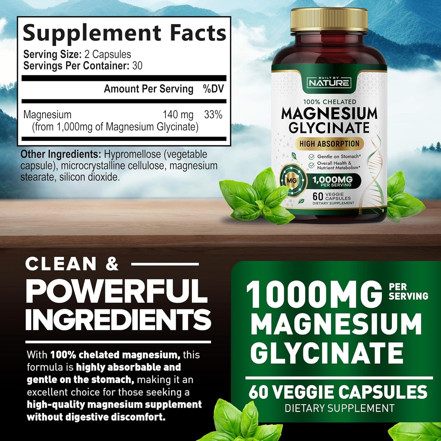 High Absorption Magnesium Glycinate 1000mg Supplement - Gentle on Stomach - Muscle, Heart, Bone Support - Non-GMO, Vegan - 60 Capsules