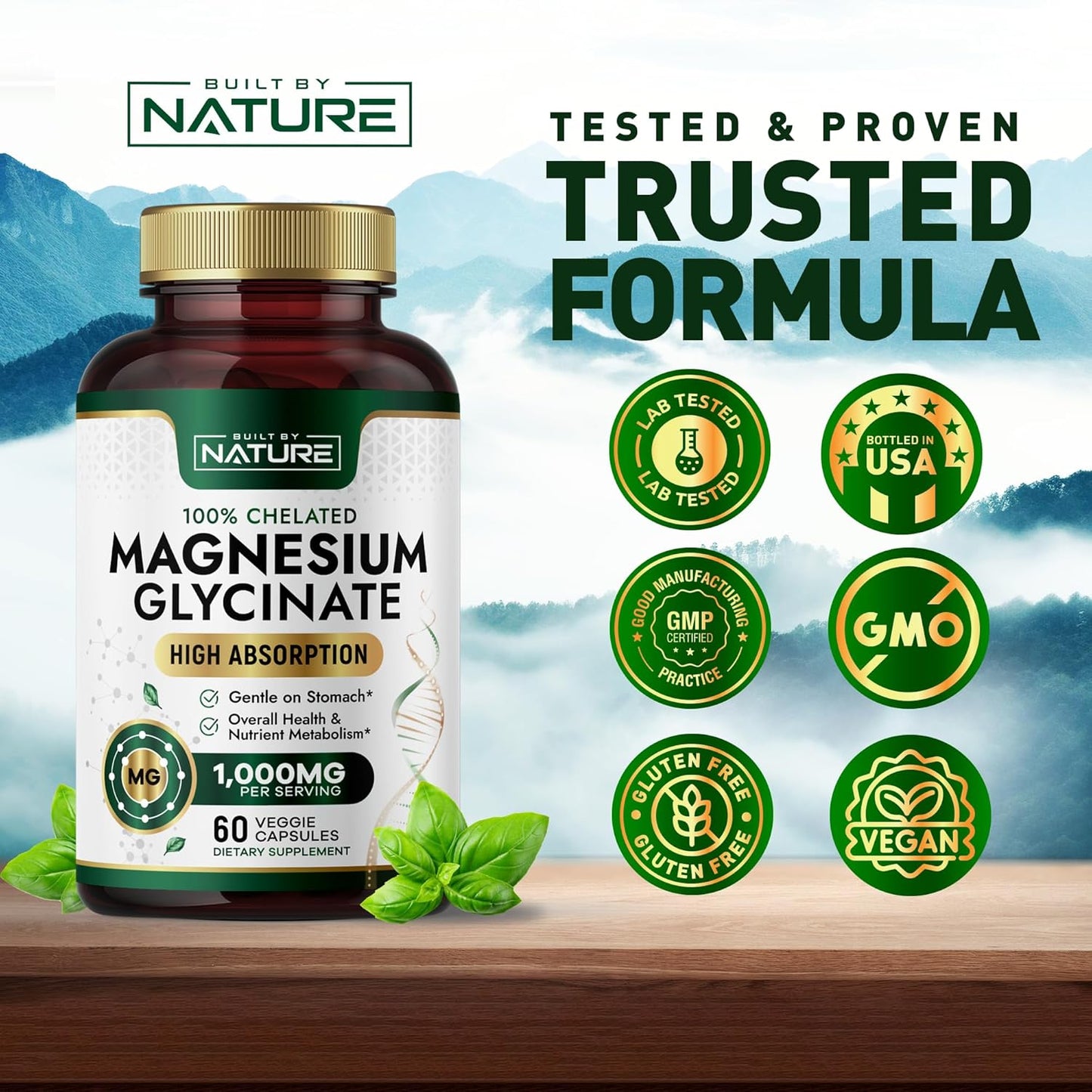 High Absorption Magnesium Glycinate 1000mg Supplement - Gentle on Stomach - Muscle, Heart, Bone Support - Non-GMO, Vegan - 60 Capsules
