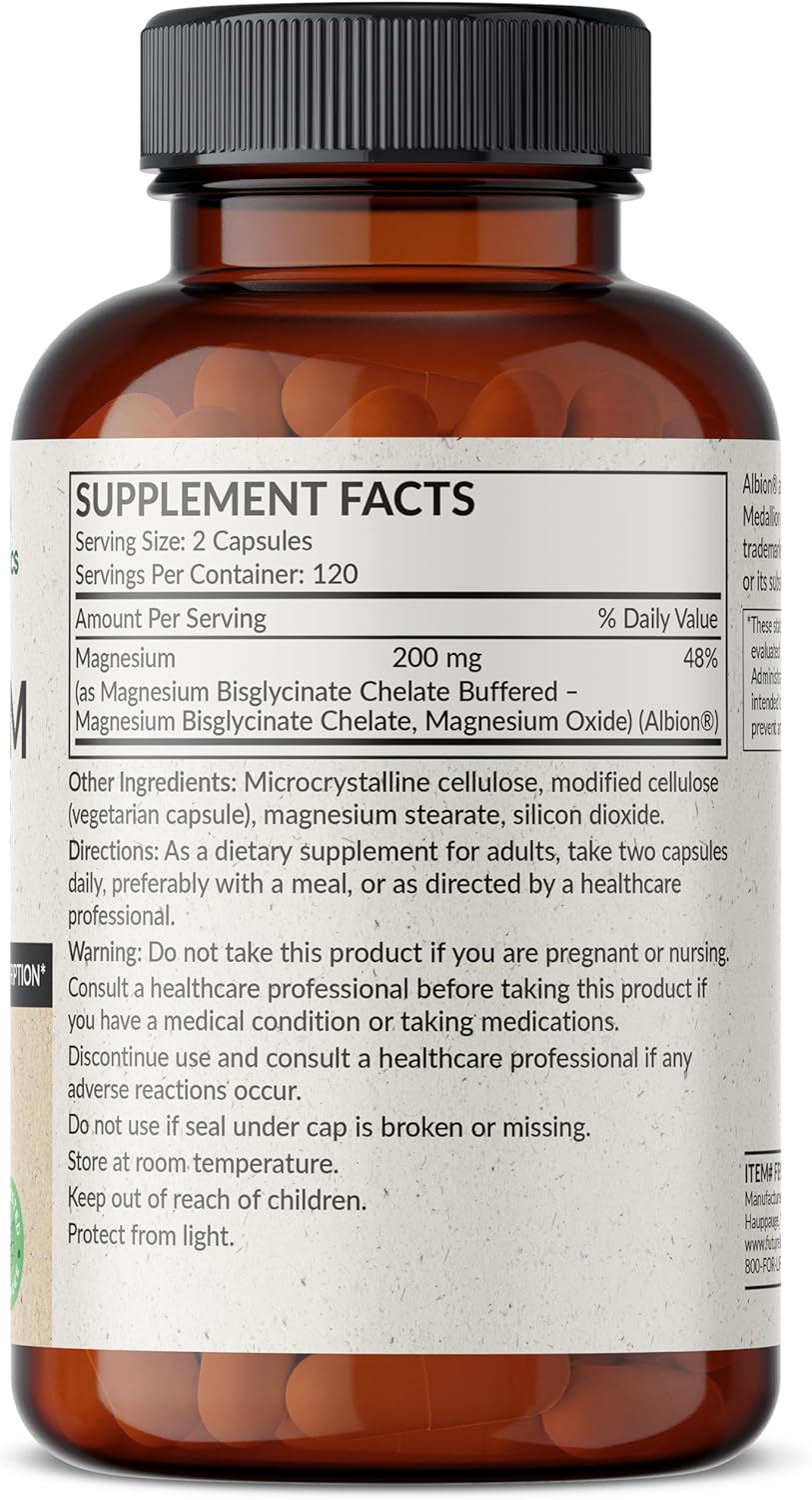 High Absorption Magnesium Glycinate 200 MG per Serving, Chelated for Gentle Stomach, Non-GMO | 240 Vegetarian Capsules by Futurebiotics