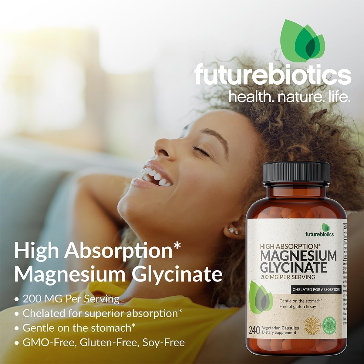 High Absorption Magnesium Glycinate 200 MG per Serving, Chelated for Gentle Stomach, Non-GMO | 240 Vegetarian Capsules by Futurebiotics
