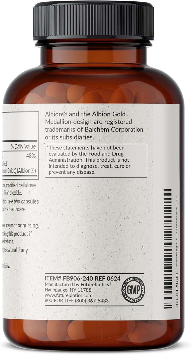 High Absorption Magnesium Glycinate 200 MG per Serving, Chelated for Gentle Stomach, Non-GMO | 240 Vegetarian Capsules by Futurebiotics