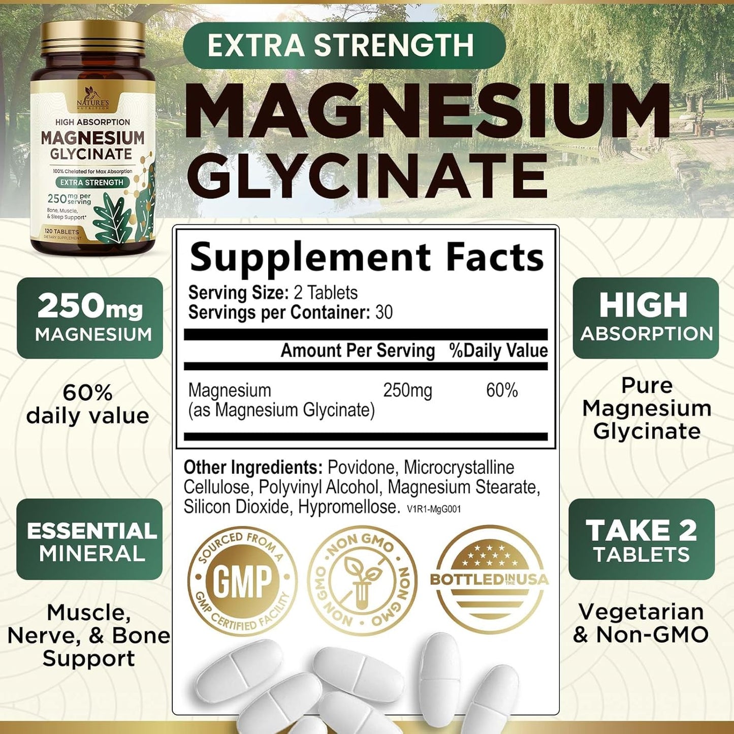 High Absorption Magnesium Glycinate 250mg Capsules - Vegan & Non-GMO - 60 Count