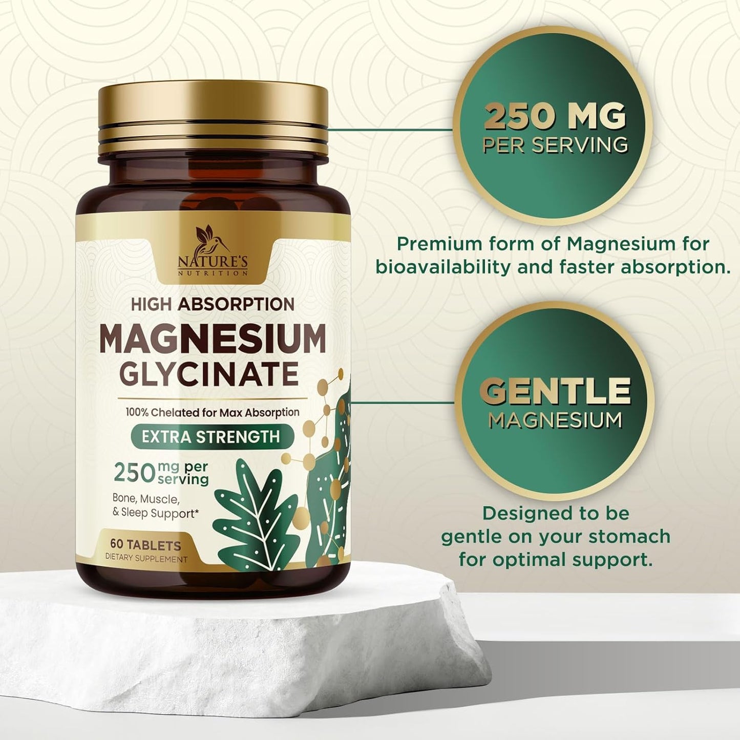 High Absorption Magnesium Glycinate 250mg Capsules - Vegan & Non-GMO - 60 Count