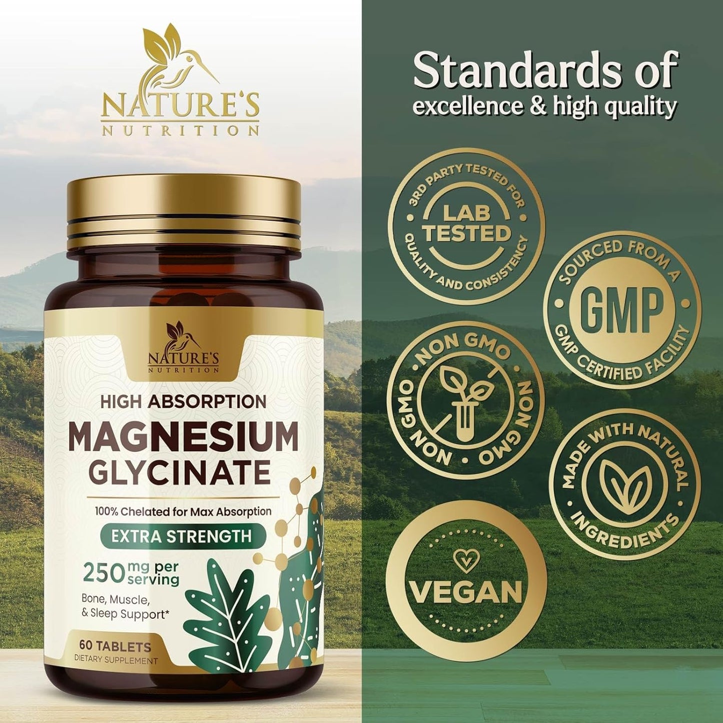 High Absorption Magnesium Glycinate 250mg Capsules - Vegan & Non-GMO - 60 Count