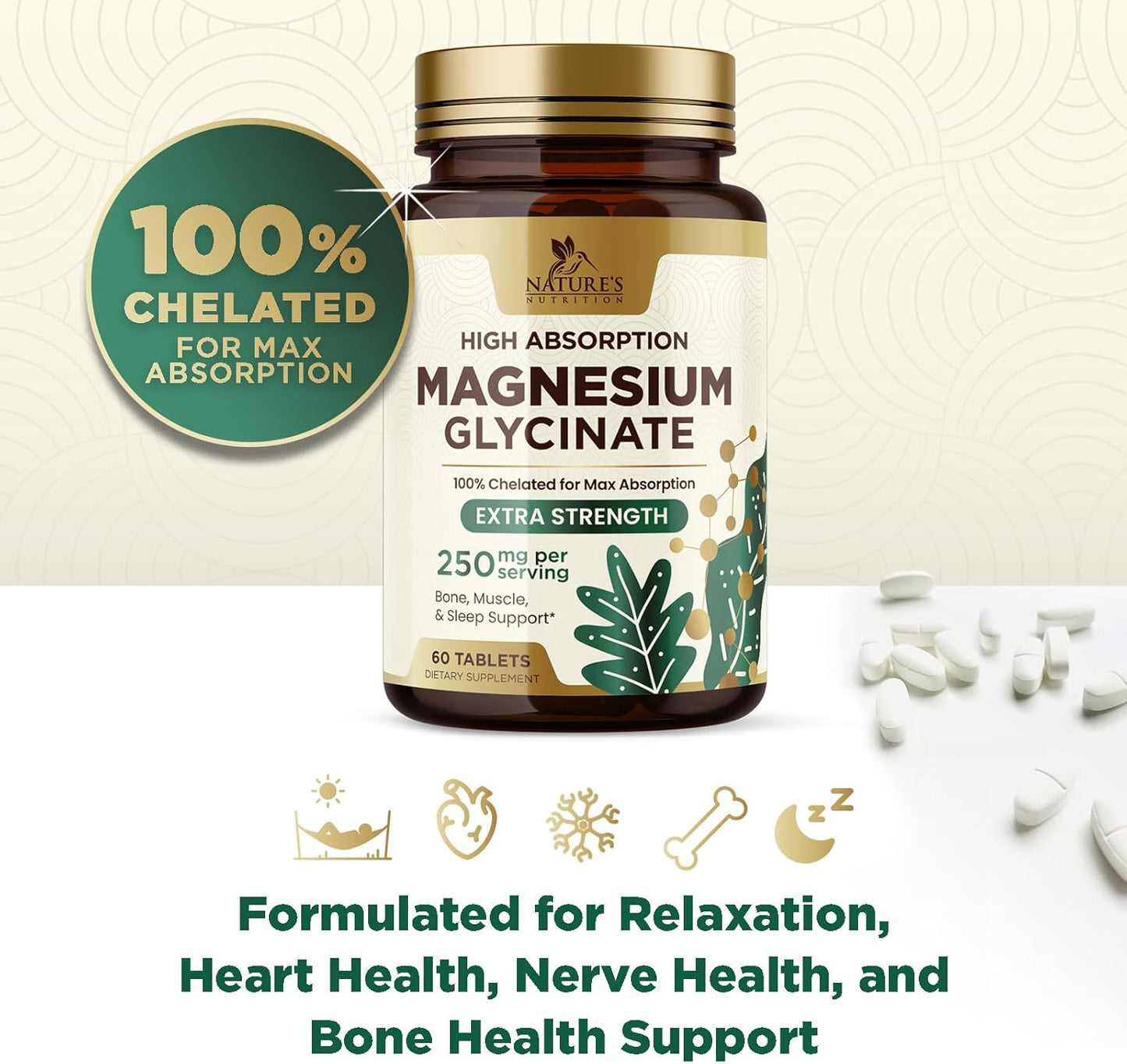High Absorption Magnesium Glycinate 250mg Capsules - Vegan & Non-GMO - 60 Count