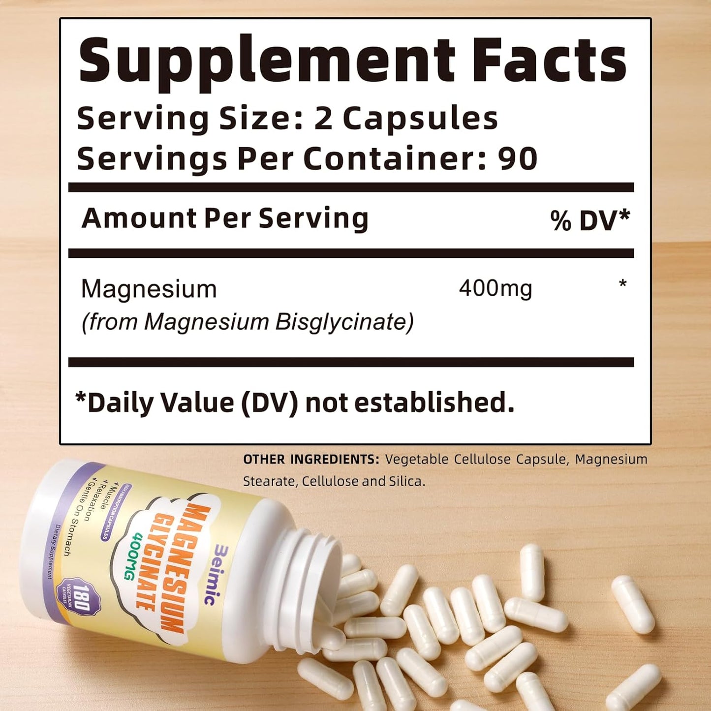 High Absorption Magnesium Glycinate 400 MG - Non-GMO, Gentle On Stomach - 180 Vegetarian Capsules