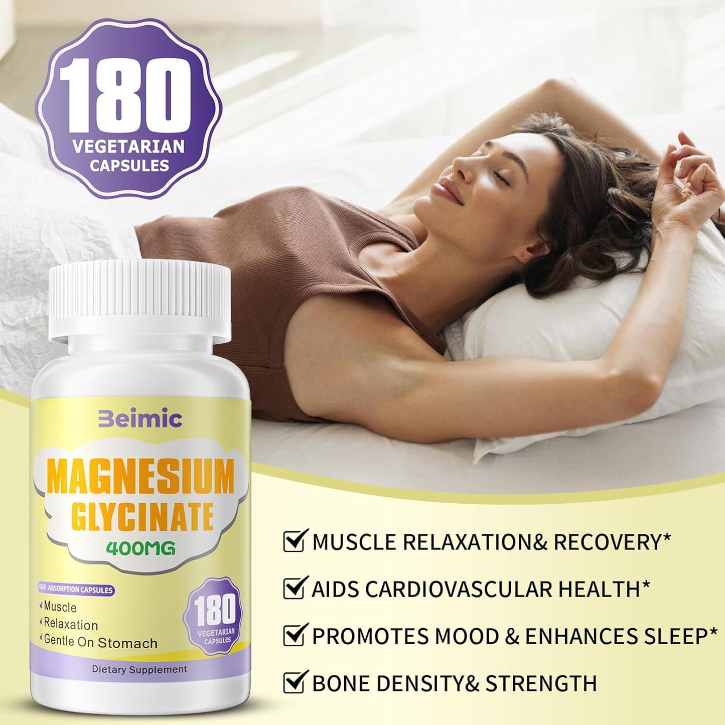 High Absorption Magnesium Glycinate 400 MG - Non-GMO, Gentle On Stomach - 180 Vegetarian Capsules