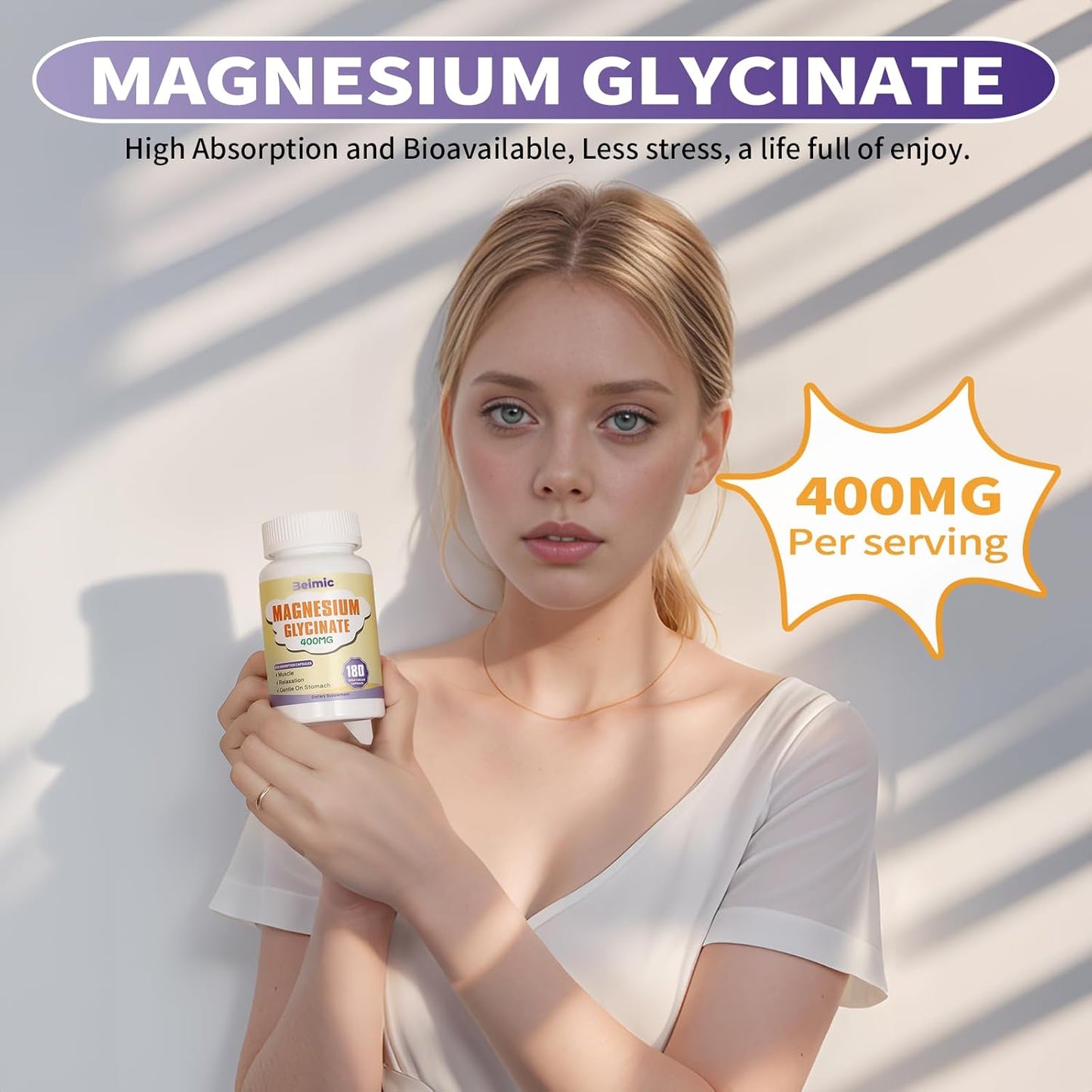 High Absorption Magnesium Glycinate 400 MG - Non-GMO, Gentle On Stomach - 180 Vegetarian Capsules