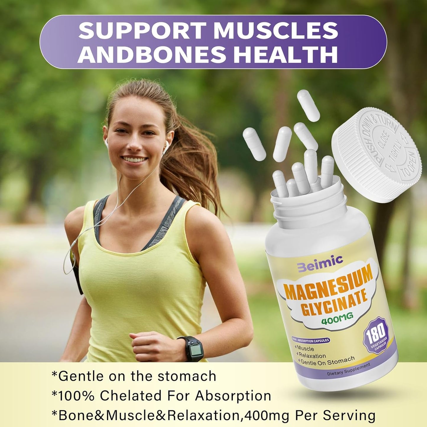 High Absorption Magnesium Glycinate 400 MG - Non-GMO, Gentle On Stomach - 180 Vegetarian Capsules