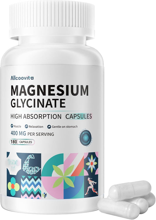 High Absorption Magnesium Glycinate 400 MG Chelated, Gentle On Stomach, Non-GMO - 180 Vegetarian Capsules