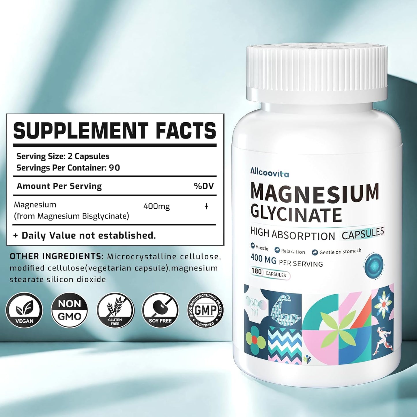 High Absorption Magnesium Glycinate 400 MG Chelated, Gentle On Stomach, Non-GMO - 180 Vegetarian Capsules