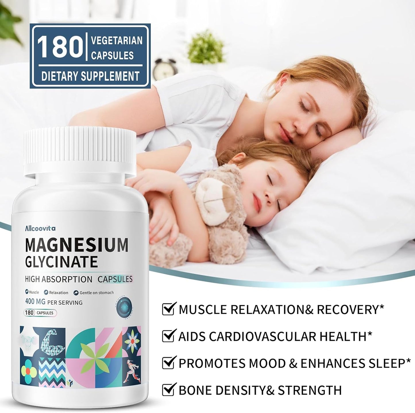 High Absorption Magnesium Glycinate 400 MG Chelated, Gentle On Stomach, Non-GMO - 180 Vegetarian Capsules