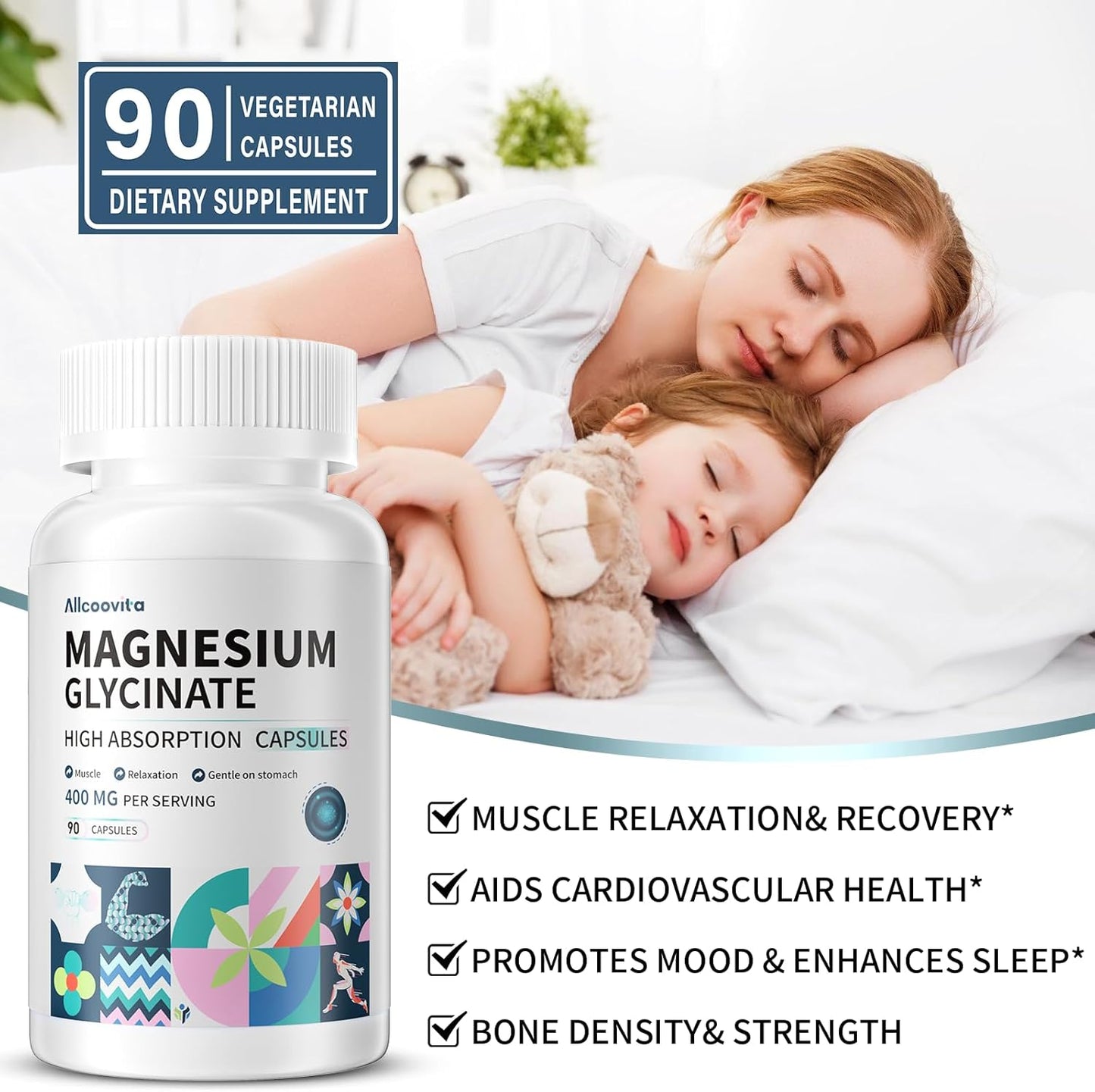High Absorption Magnesium Glycinate 400 MG per Serving, Gentle On Stomach, Non-GMO, 90 Vegetarian Capsules by Allcoovita