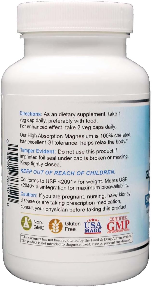 High Absorption Magnesium Glycinate 500mg, 100% Chelated Supplement for Muscle, Joint, and Heart Health - Non-GMO, Gluten, Dairy, and Soy Free (120 Capsules)