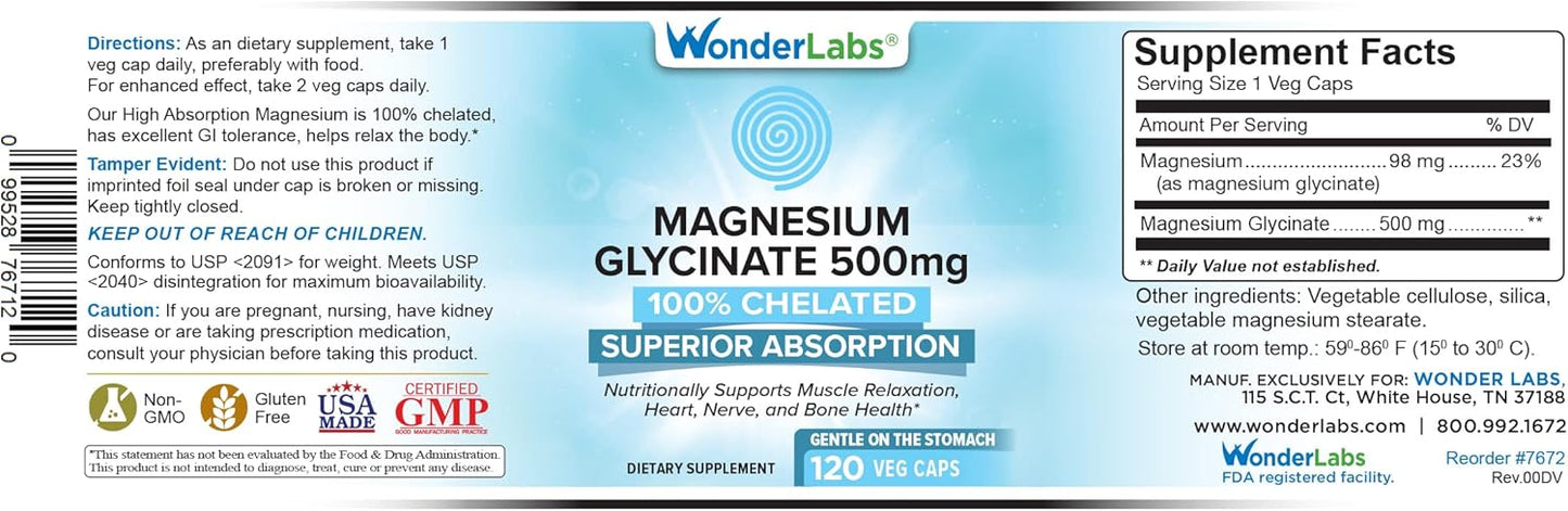 High Absorption Magnesium Glycinate 500mg, 100% Chelated Supplement for Muscle, Joint, and Heart Health - Non-GMO, Gluten, Dairy, and Soy Free (120 Capsules)