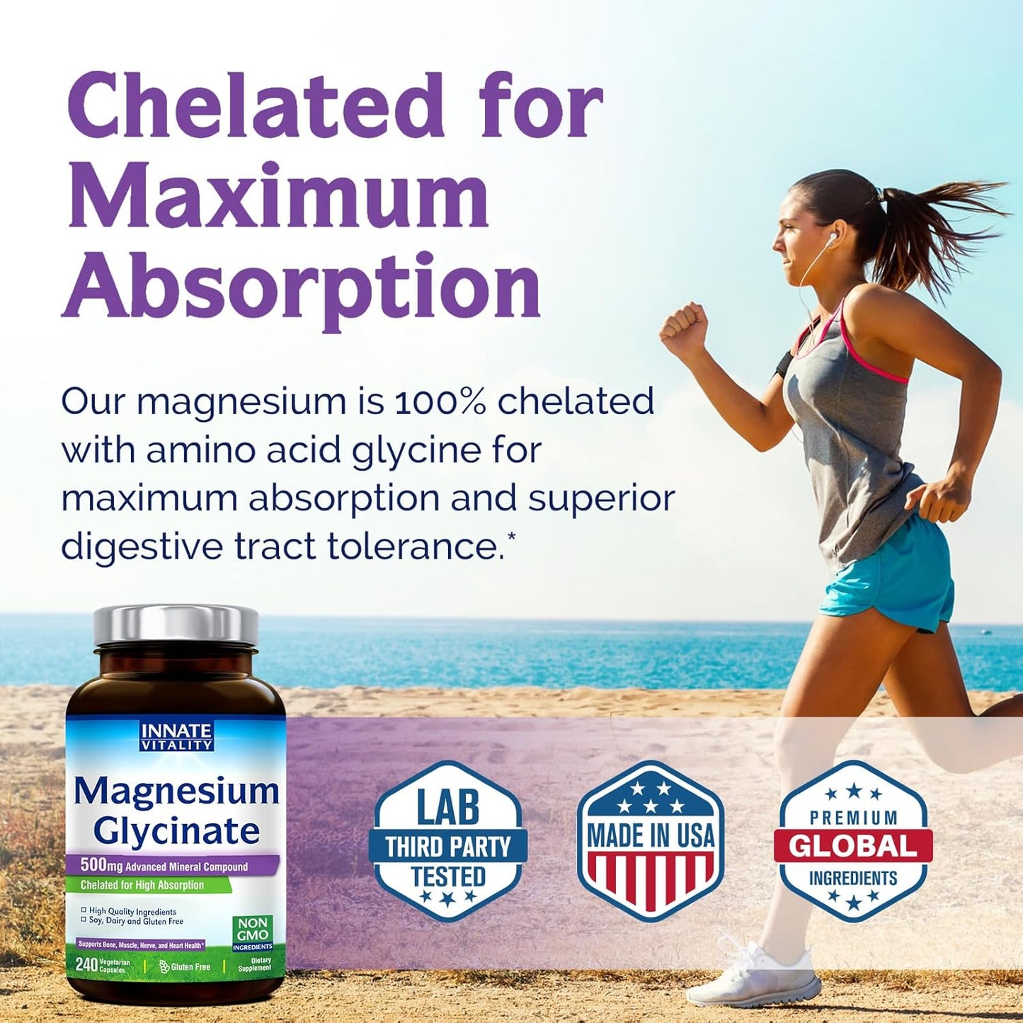 High Absorption Magnesium Glycinate 500mg | 70mg Elemental Magnesium | Non-GMO, Non-Buffered | Nerve, Muscle, Bone, Heart Health | 240 Capsules, 8 Months Supply