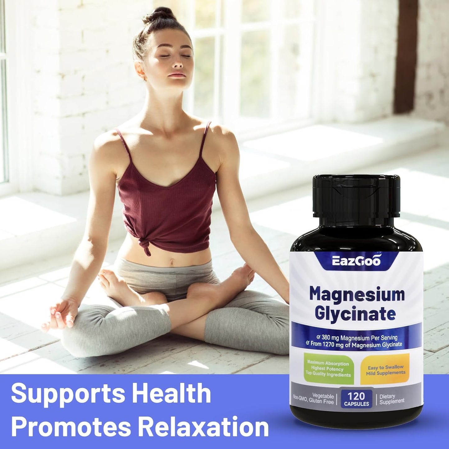 High Absorption Magnesium Glycinate Capsules - 1270mg Supplement with 380mg Magnesium - Non-GMO, Gluten-Free - 120 Capsules