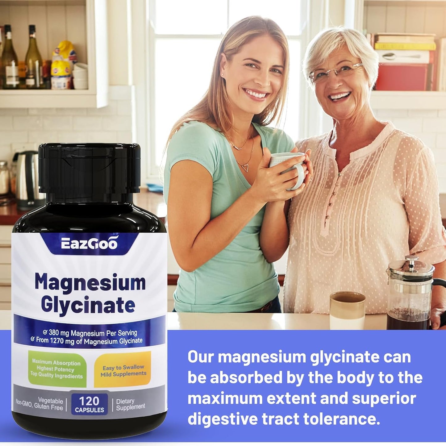 High Absorption Magnesium Glycinate Capsules - 1270mg Supplement with 380mg Magnesium - Non-GMO, Gluten-Free - 120 Capsules