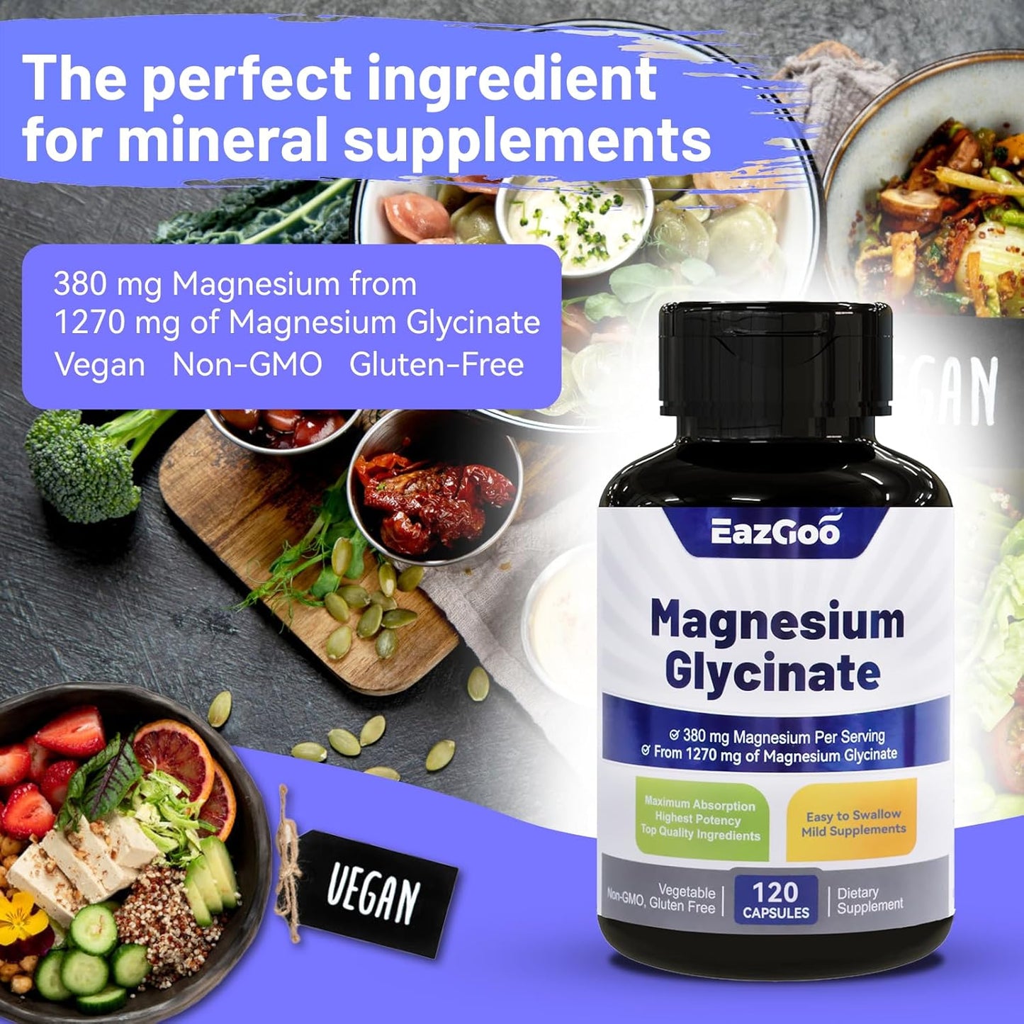 High Absorption Magnesium Glycinate Capsules - 1270mg Supplement with 380mg Magnesium - Non-GMO, Gluten-Free - 120 Capsules