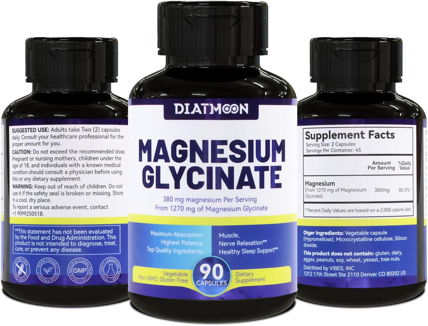 High Absorption Magnesium Glycinate Capsules 380mg - 90 Count Supplement for Muscle, Heart, Nerve Support - Non-GMO & Gluten Free