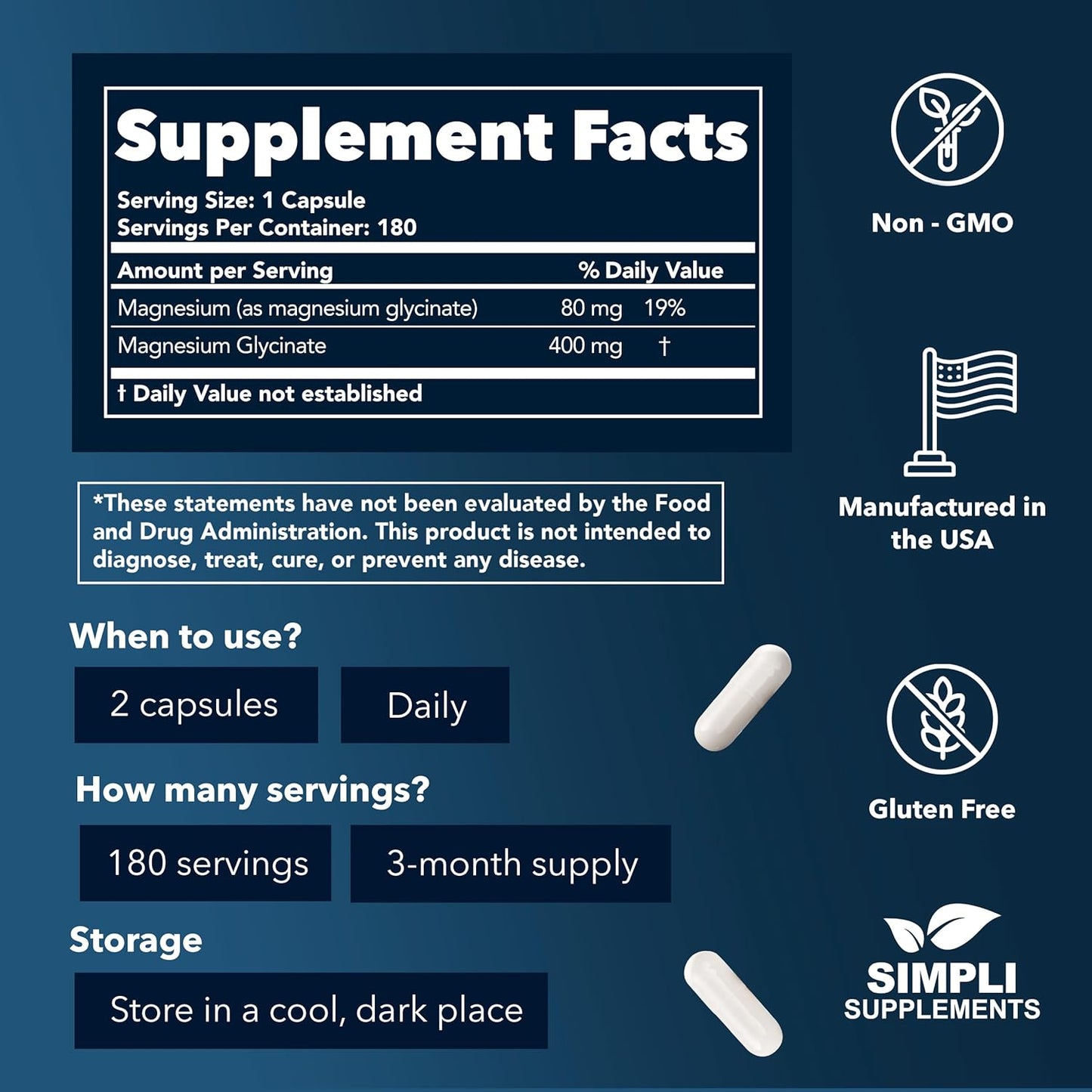 High Absorption Magnesium Glycinate Capsules for Sleep | Vegan | 180 Count | 400mg Magnesium Glycinate Supplements by Simpli