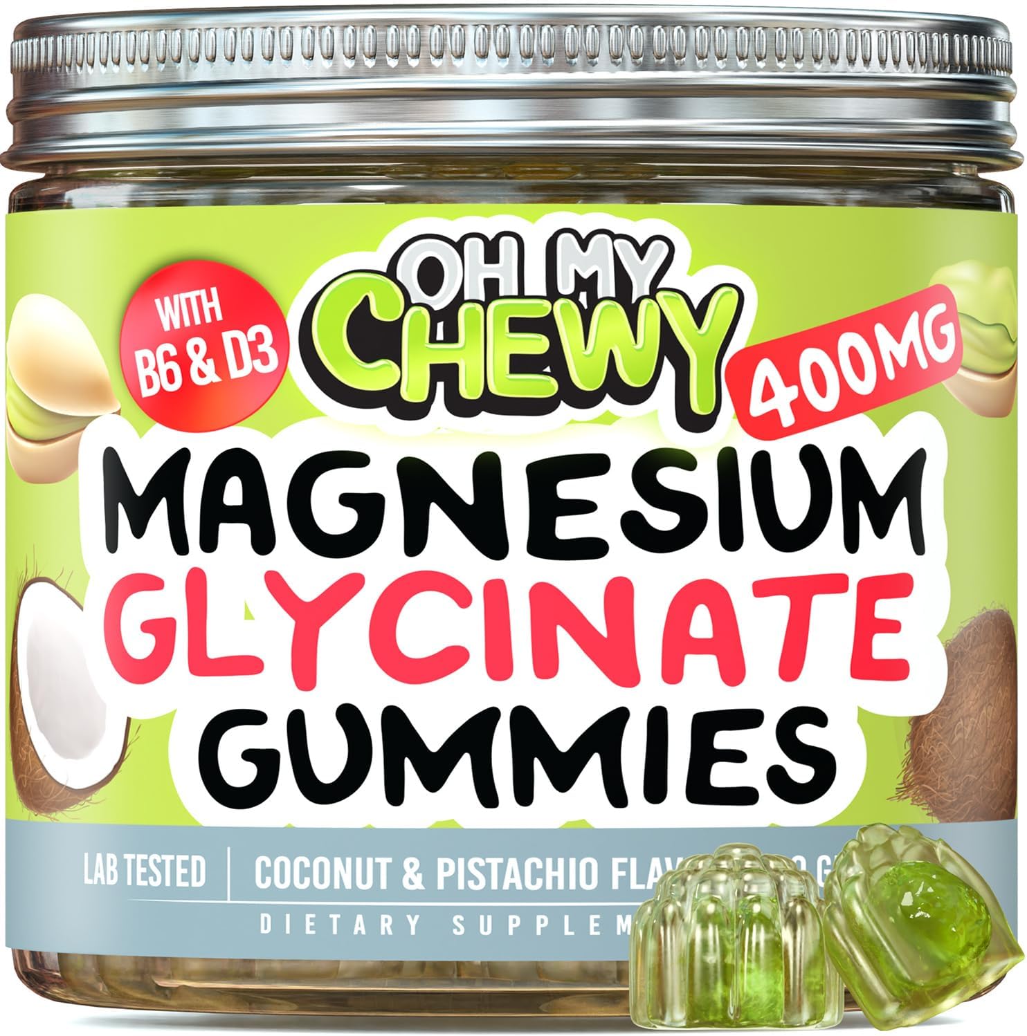 High Absorption Magnesium Glycinate Gummies 400MG with B6 & D3 - Sleep, Calm, Muscle Relaxation - Gelatin Free - 120 Count