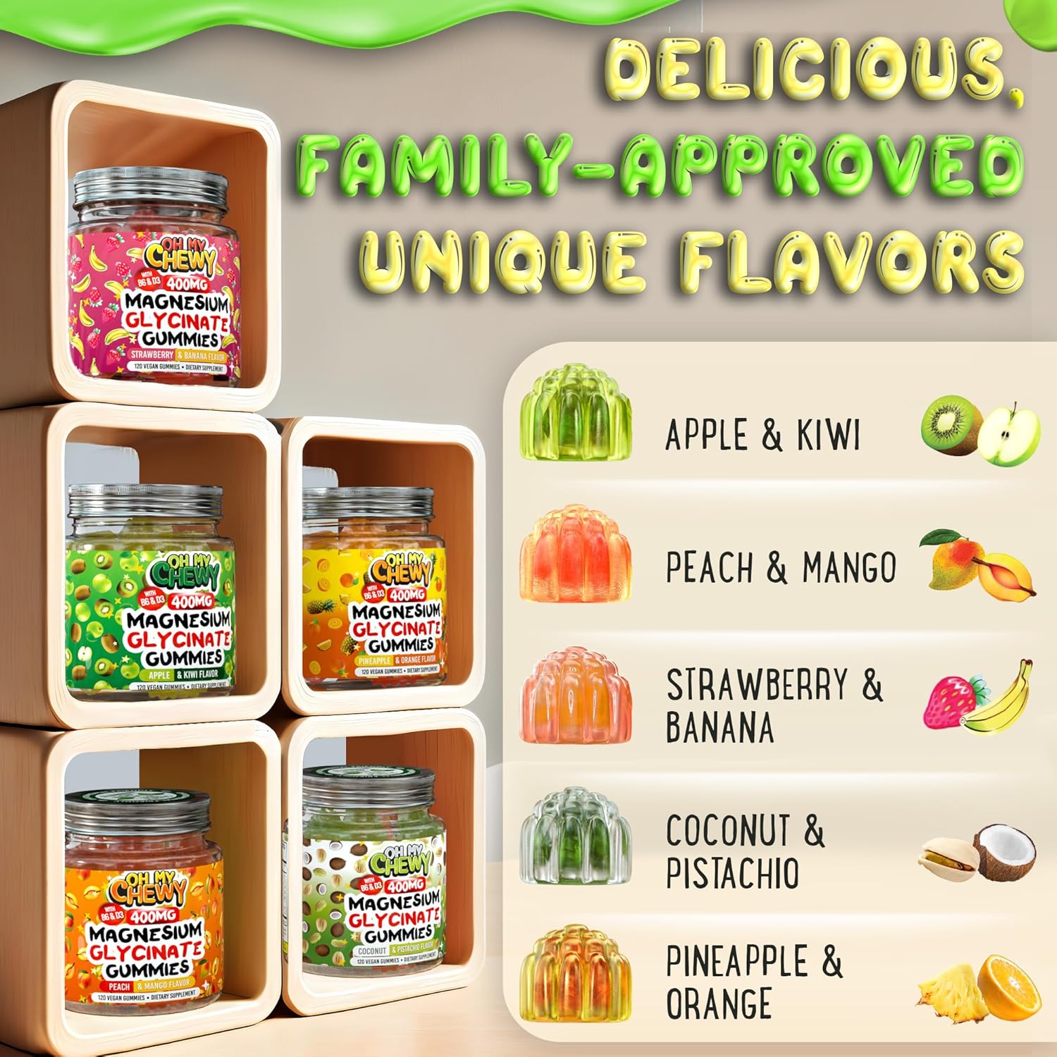 High Absorption Magnesium Glycinate Gummies 400MG with B6 & D3 - Sleep, Calm, Muscle Relaxation - Gelatin Free - 120 Count