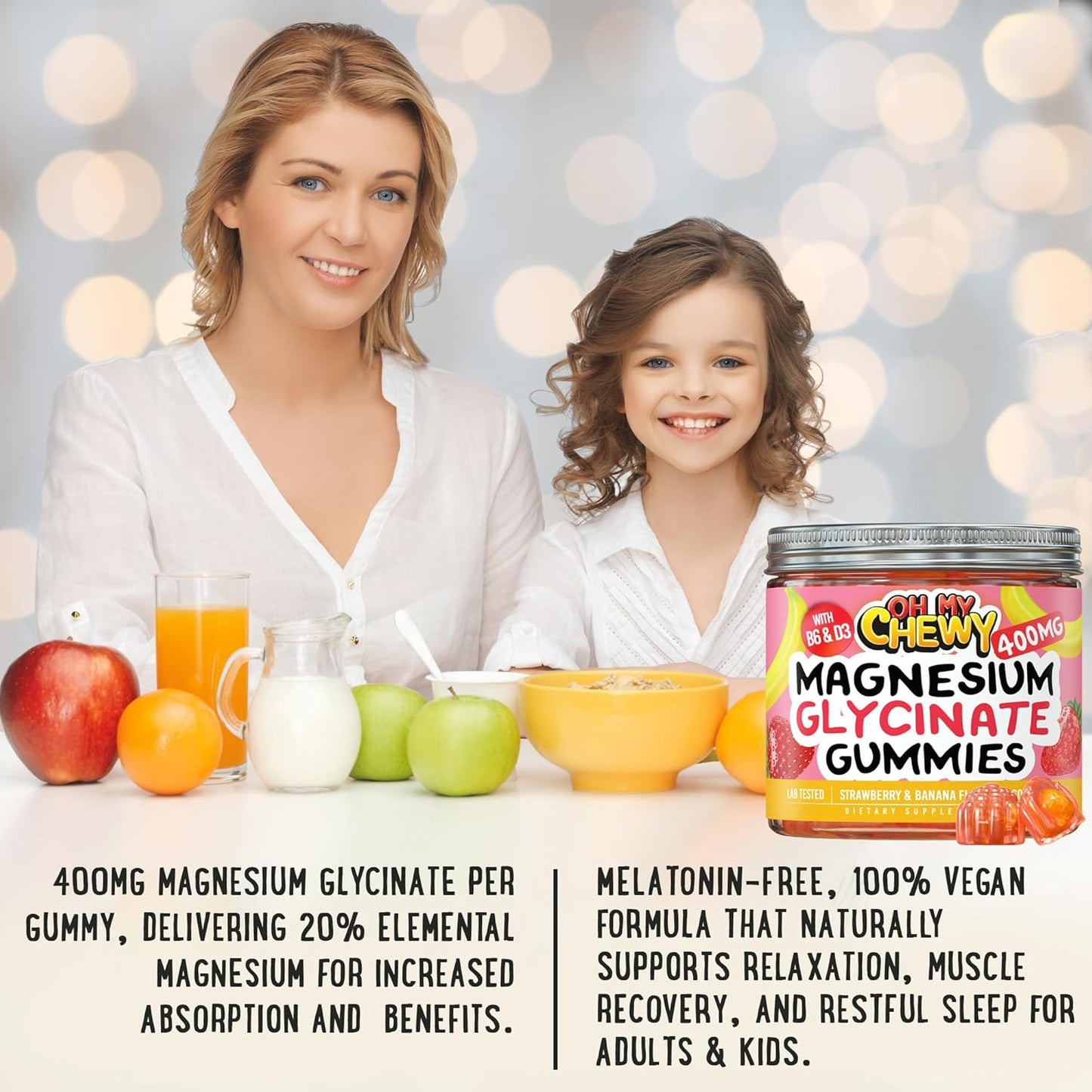 High Absorption Magnesium Glycinate Gummies 400MG for Sleep, Calm, & Muscle Relaxation - Kids, Teens, Adults - B6 & D3 - Gelatin Free - 120 Count