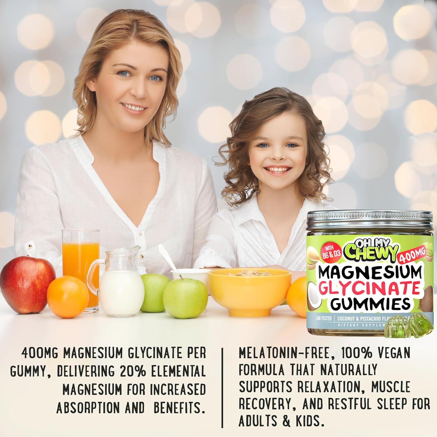 High Absorption Magnesium Glycinate Gummies 400MG with B6 & D3 - Sleep, Calm, Muscle Relaxation - Gelatin Free - 120 Count