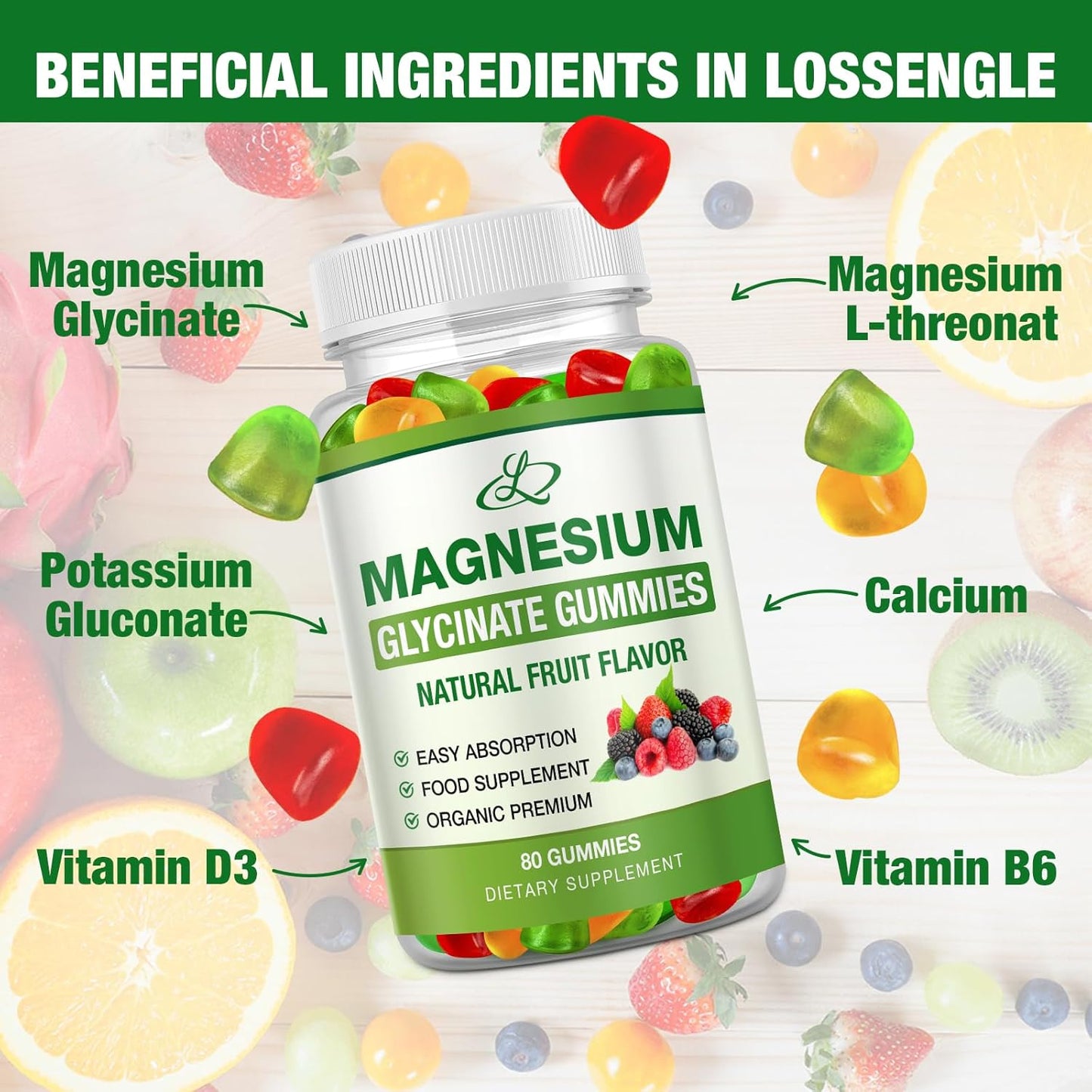High Absorption Magnesium Glycinate Gummies 600mg for Adults & Kids, Potassium Magnesium Supplement for Sleep - 80 Count