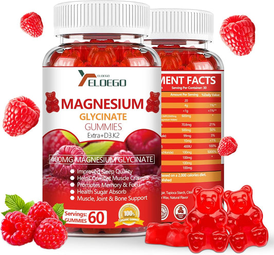 High Absorption Magnesium Glycinate Gummies with Magnesium Malate, K2 & D3 for Sleep, Stress Relief, Nerve Support - Raspberry Flavor - 60 Count