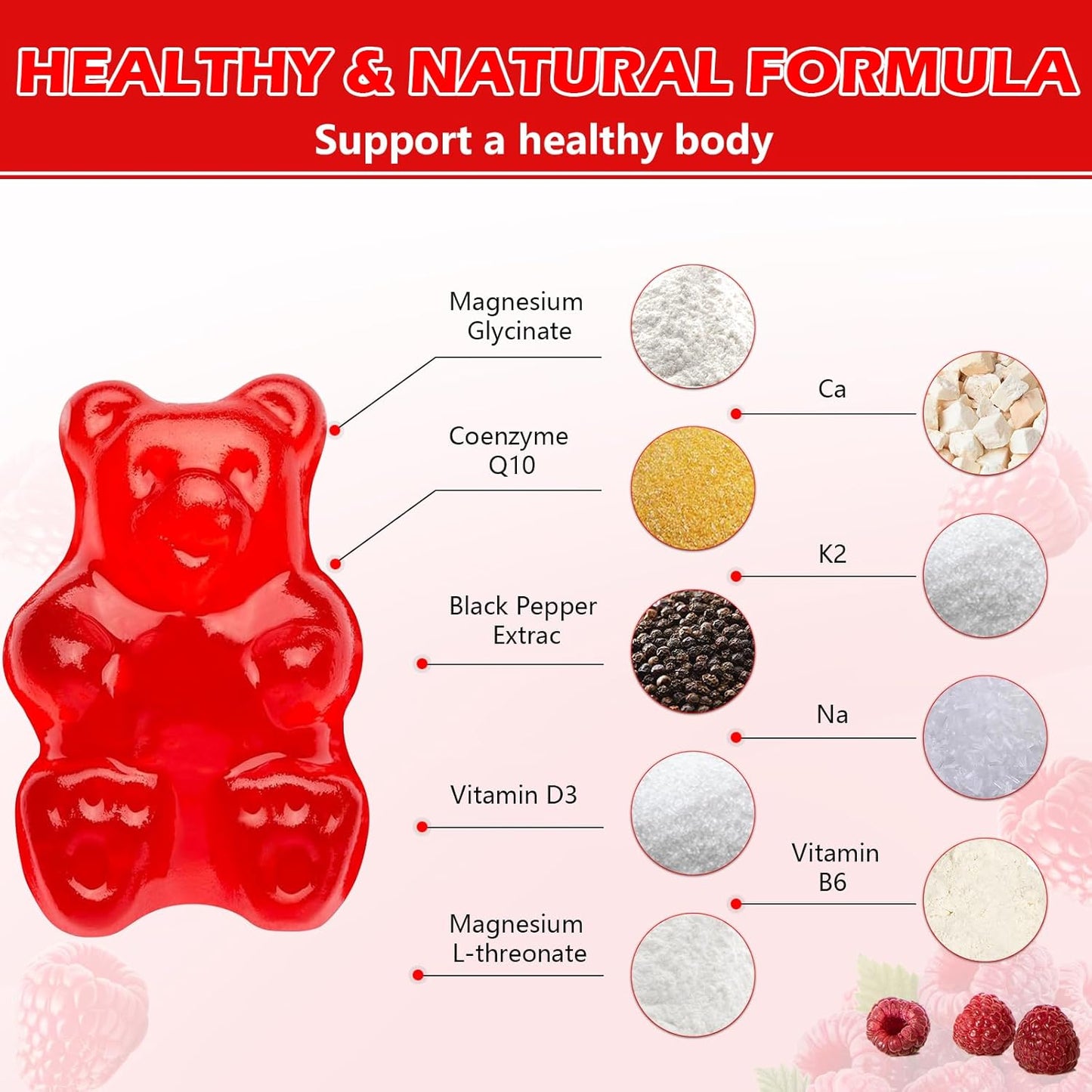 High Absorption Magnesium Glycinate Gummies with Magnesium Malate, K2 & D3 for Sleep, Stress Relief, Nerve Support - Raspberry Flavor - 60 Count