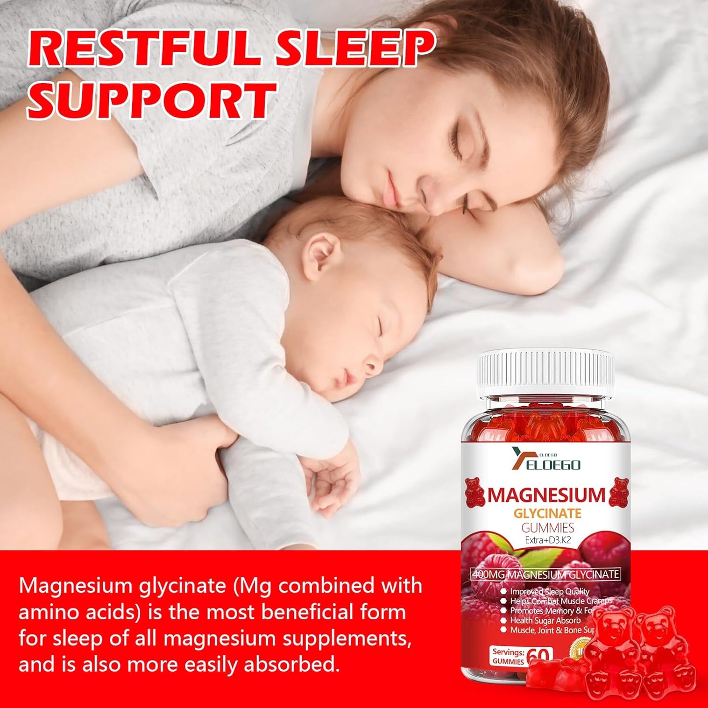 High Absorption Magnesium Glycinate Gummies with Magnesium Malate, K2 & D3 for Sleep, Stress Relief, Nerve Support - Raspberry Flavor - 60 Count