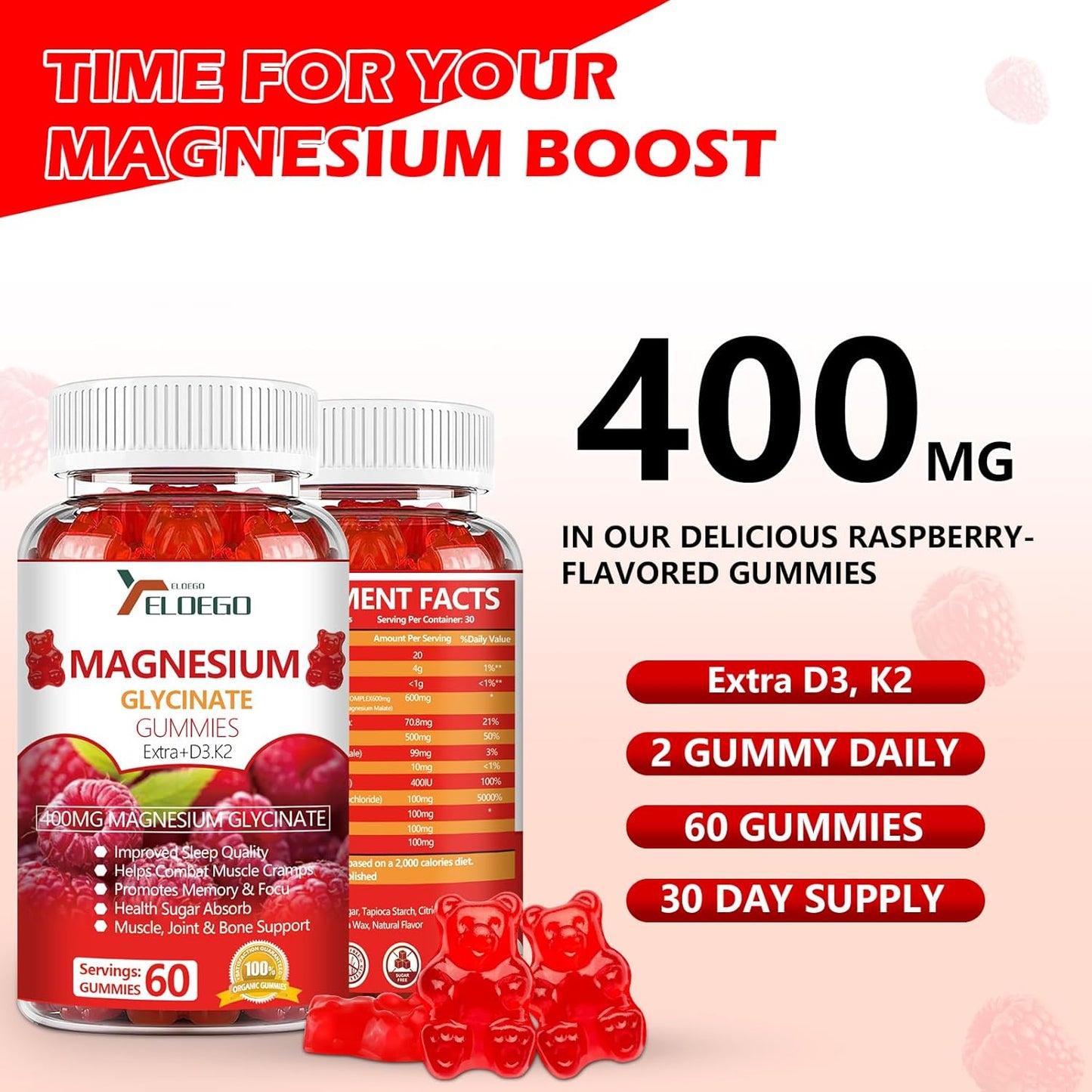 High Absorption Magnesium Glycinate Gummies with Magnesium Malate, K2 & D3 for Sleep, Stress Relief, Nerve Support - Raspberry Flavor - 60 Count
