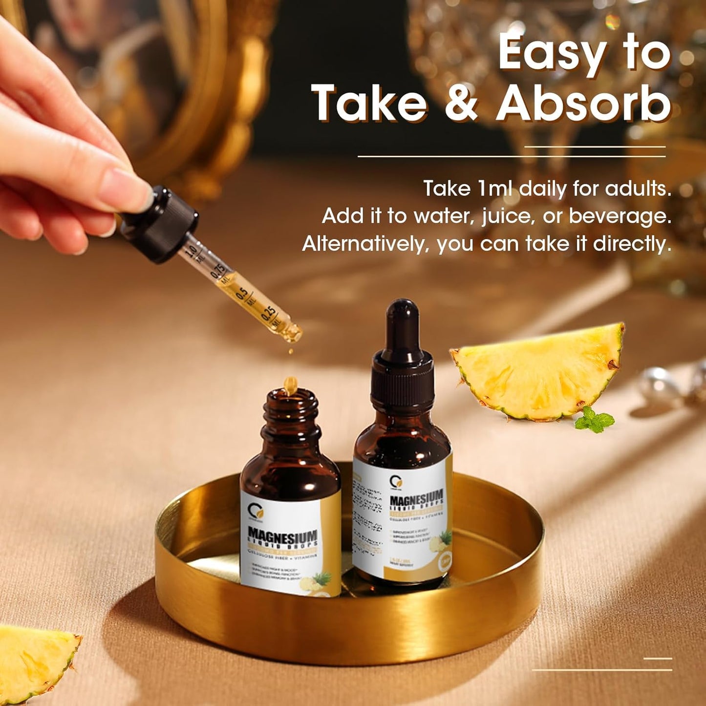 High Absorption Magnesium Glycinate Liquid Drops with Bromelain, Vitamin B6, C, D for Night, Muscle & Energy Support - 1000mg Liquid Magnesium Supplement for Men and Women