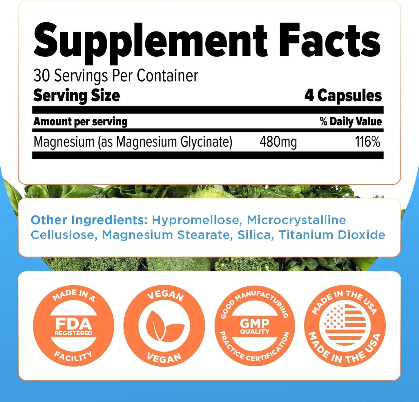 High Absorption Magnesium Glycinate Supplement for Stress Relief, Sleep, Heart Health - 120 Capsules