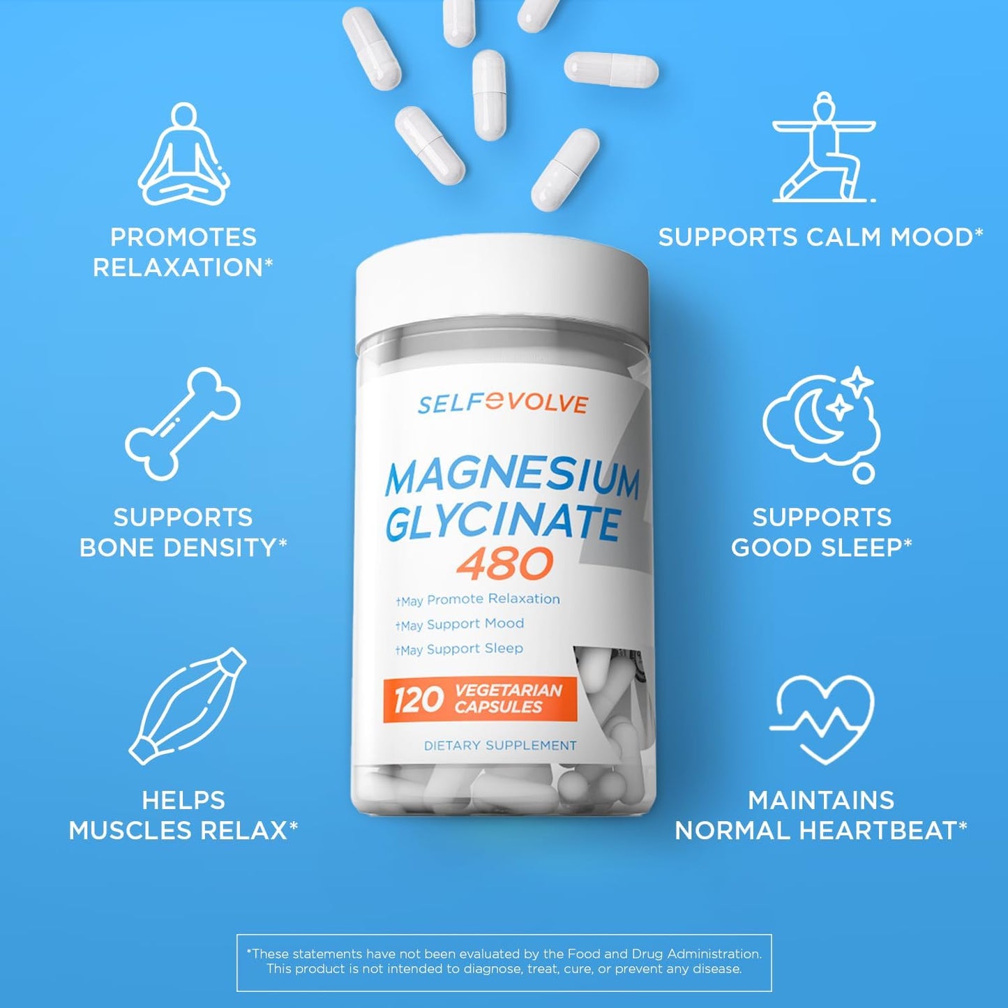 High Absorption Magnesium Glycinate Supplement for Stress Relief, Sleep, Heart Health - 120 Capsules